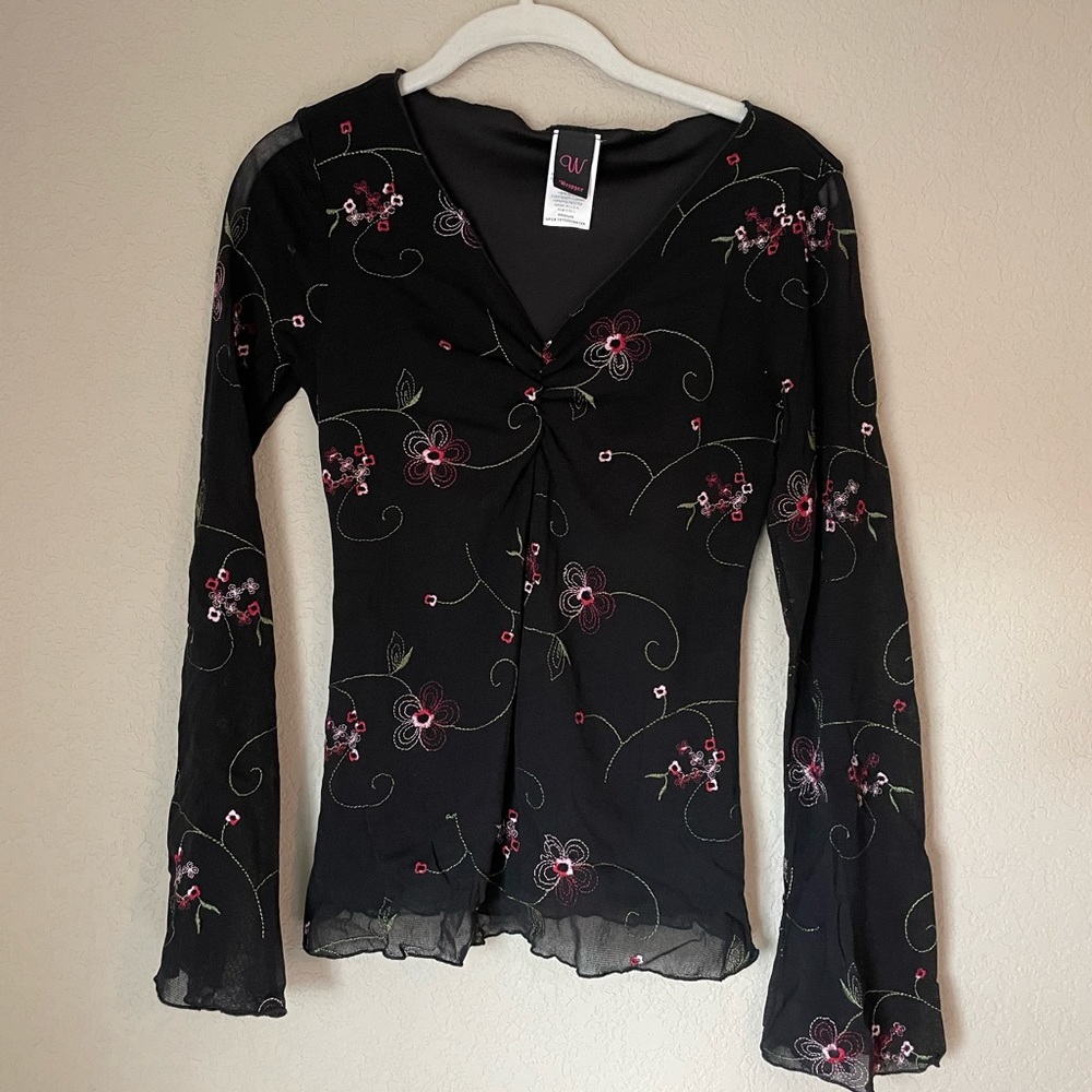 Black floral top with sheer long sleeves